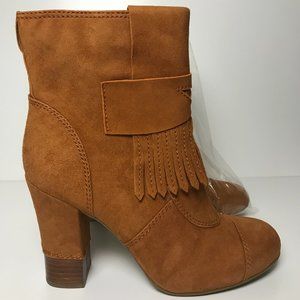 BCBGirls Inkies Ankle Heel Boots Suede Leather Camel Fringed Gold Zip 7.5 NWT